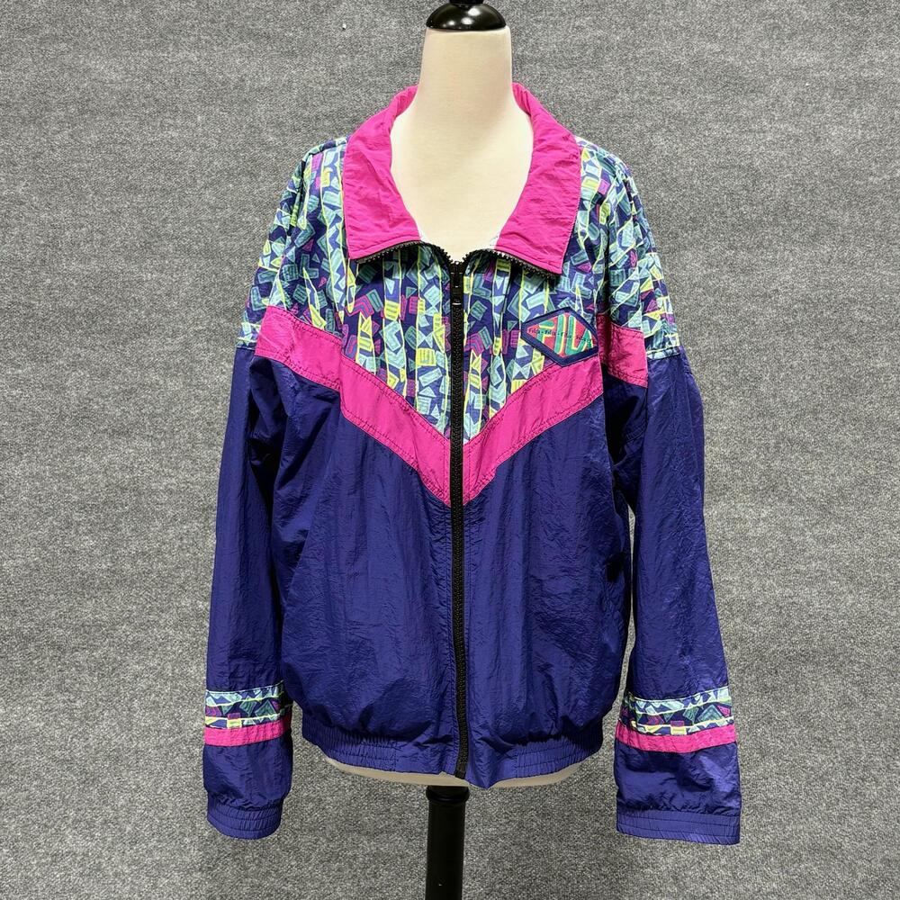 Vintage FILA Jacket Womens XL Purple Pink Geometric Windbreaker Nylon USA Retro